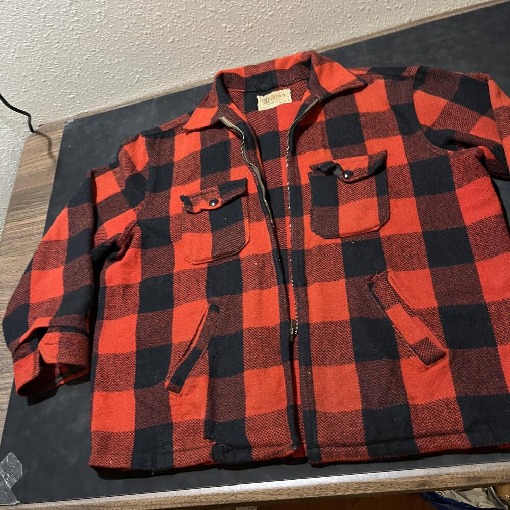 Vintage Melton Mackinaw 50s Jacket Mens Medium Red Black Buffalo Plaid Wool Zip - Picture 2 of 14